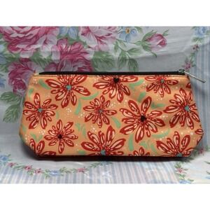 Clinique‎ Floral Makeup Bag Orange Red Daisy Print Cosmetic Pouch 5x10"